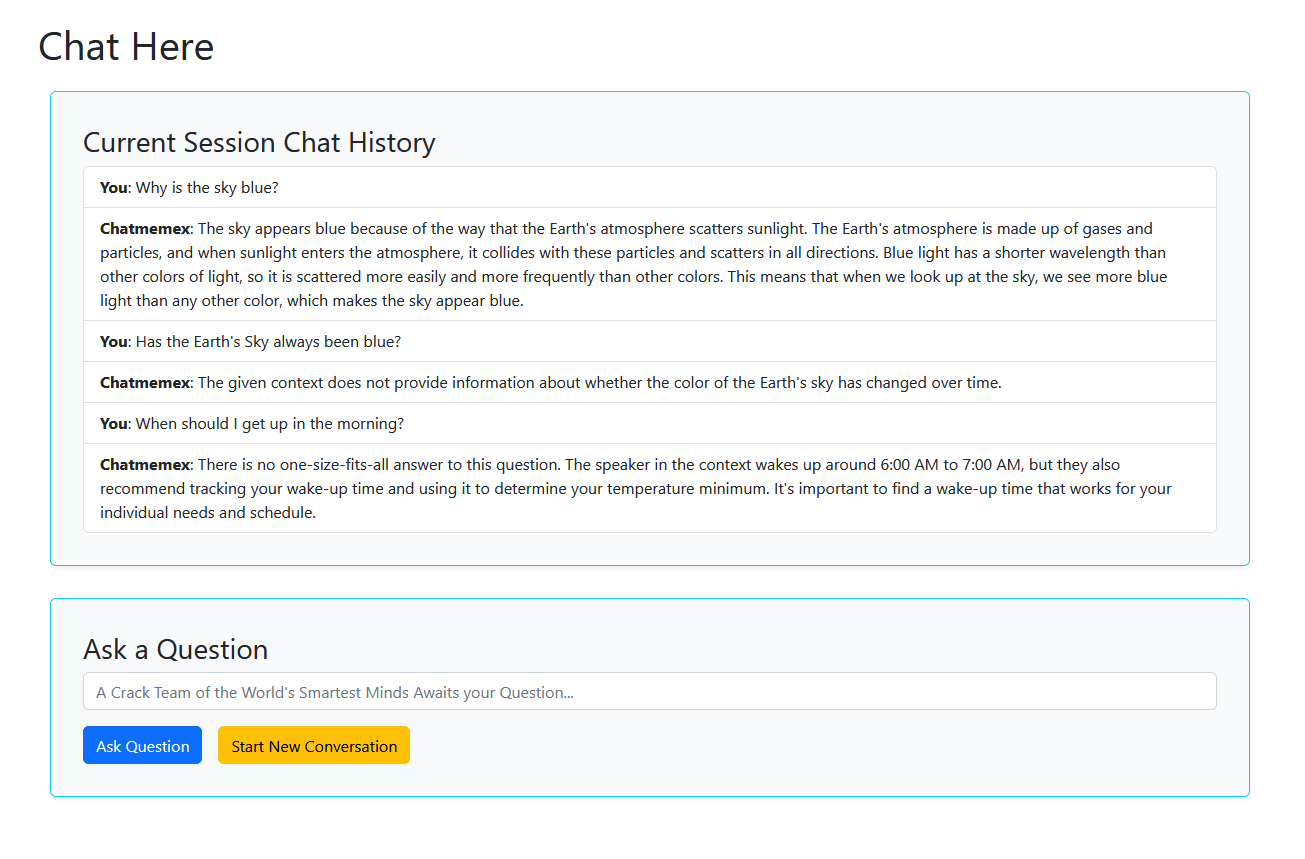 Chat Memex chatbot interface showing a conversation with citation-backed answers