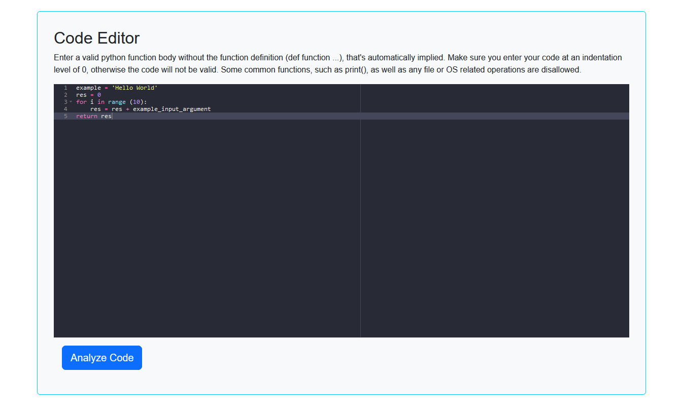 Code Complexity Analyzer code editor where users enter Python functions for analysis